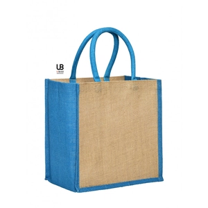 Sac shopping en jute naturel avec anses et soufflets de couleur assortie personnalisable