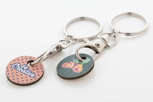 Porte-clés mousqueton en métal avec jeton de chariot en contreplaqué personnalisable