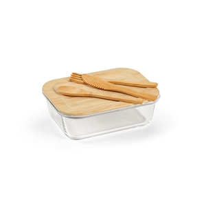 Boîte à déjeuner 1090 ml en verre avec couvercle bambou - Lunchbox avec couverts personnalisable