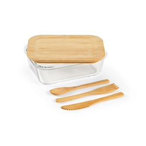 Boîte à déjeuner 1090 ml en verre avec couvercle bambou - Lunchbox avec couverts personnalisable