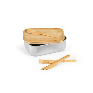 Boîte à déjeuner 740ml en acier inox recyclé et couvercle bambou - Lunchbox avec couverts personnalisable