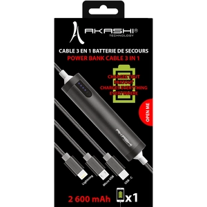 Câble USB 3 en 1 avec fonction batterie de secours 2600 mAh personnalisable