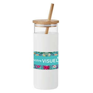 Gobelet en verre borosilicate 450 ml - avec couvercle et paille bambou personnalisable