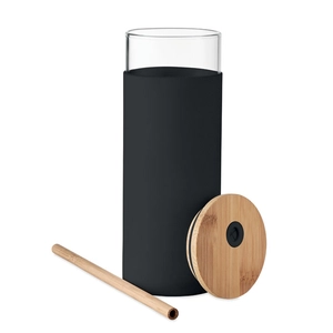 Gobelet en verre borosilicate 450 ml - avec couvercle et paille bambou personnalisable