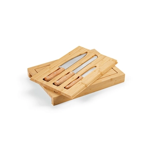 Planche en bambou avec rainure et plateau coulissant incluant 3 couteaux personnalisable