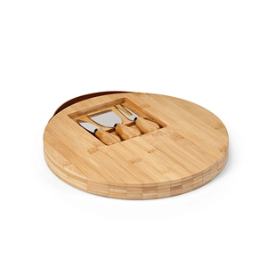 Planche en bambou ronde avec poignée de transport - inclus 3 couverts en inox personnalisable