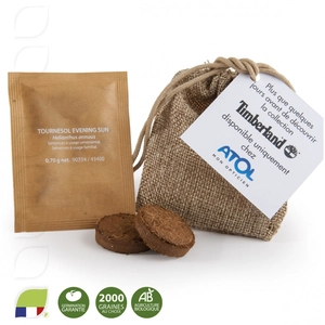 Sachet de graines et terre coco en pochon toile de jute personnalisable