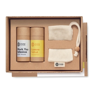 Set de voyage comprenant gel douche, shampoing et gant en coton bio personnalisable