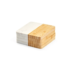 Sous verres bi matière en marbre et bambou forme carrée - par lot de 4 en boite kraft recyclé personnalisable