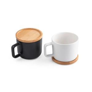 Tasse en céramique 230 ml avec couvercle et base en bambou personnalisable