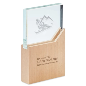 Trophée en cristal sur sa base en bois de hêtre - livré das boite cadeau personnalisable