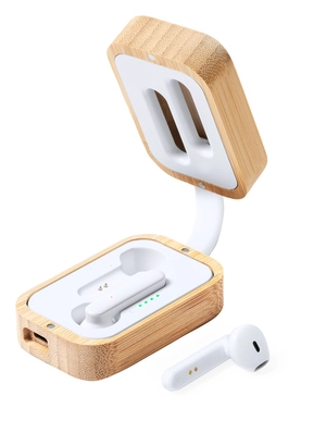 Ecouteurs bluetooth avec boîtier de chargement en bambou personnalisable