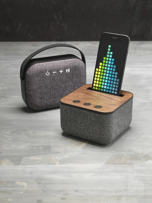 Enceinte Bluetooth en tissu et en bois personnalisable