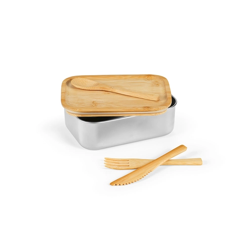 image du produit Boîte à déjeuner 740ml en acier inox recyclé et couvercle bambou - Lunchbox avec couverts