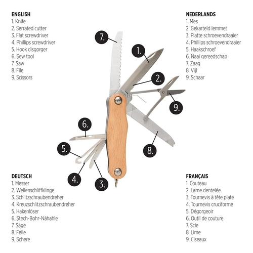 image du produit Couteau de poche en bois de hêtre, 9 fonctions