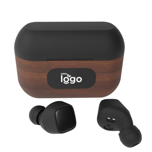 image du produit Ecouteurs Bluetooth 5.0 avec socle de recharge - bois de noyer