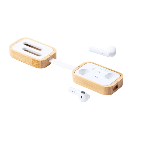 image du produit Ecouteurs bluetooth avec boîtier de chargement en bambou