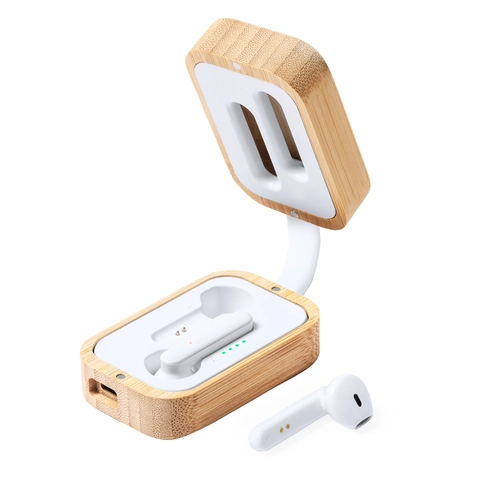 image du produit Ecouteurs bluetooth avec boîtier de chargement en bambou