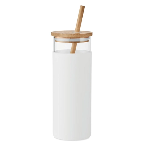 image du produit Gobelet en verre borosilicate 450 ml - avec couvercle et paille bambou