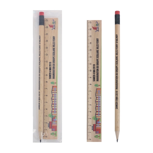 image du produit Kit règle et crayon 17cm, sans vernis, rond tête gomme