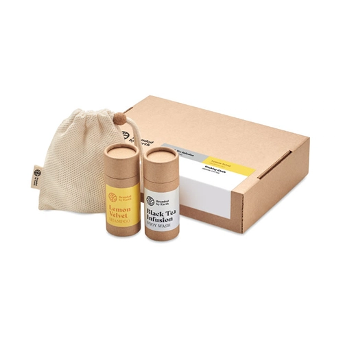 image du produit Set de voyage comprenant gel douche, shampoing et gant en coton bio