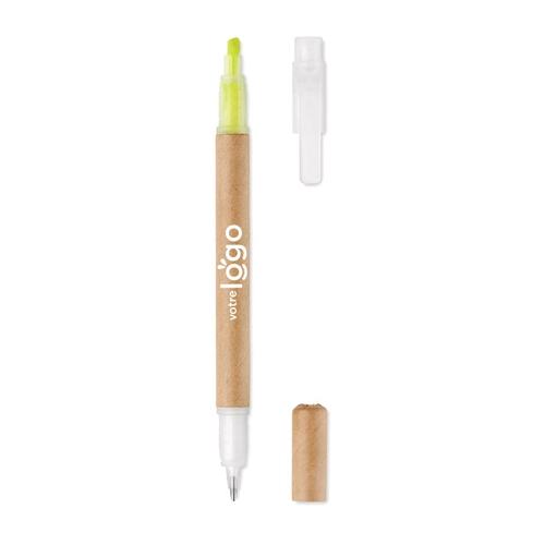 image du produit Stylo à bille en carton avec surligneur jaune - Stylo 2 en 1